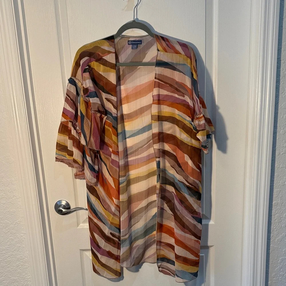 Democracy Multicolor Striped Kimono Size L/XL Ruffle Sleeves - Picture 1 of 4